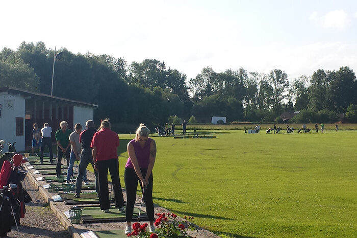 Eine Gruppe von Menschen spielt Golf auf einem gepflegten Rasen
