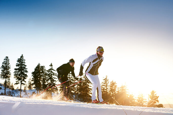 Zwei Langläufer genießen ihre Zeit beim Wintersport im Bayerischen Wald.